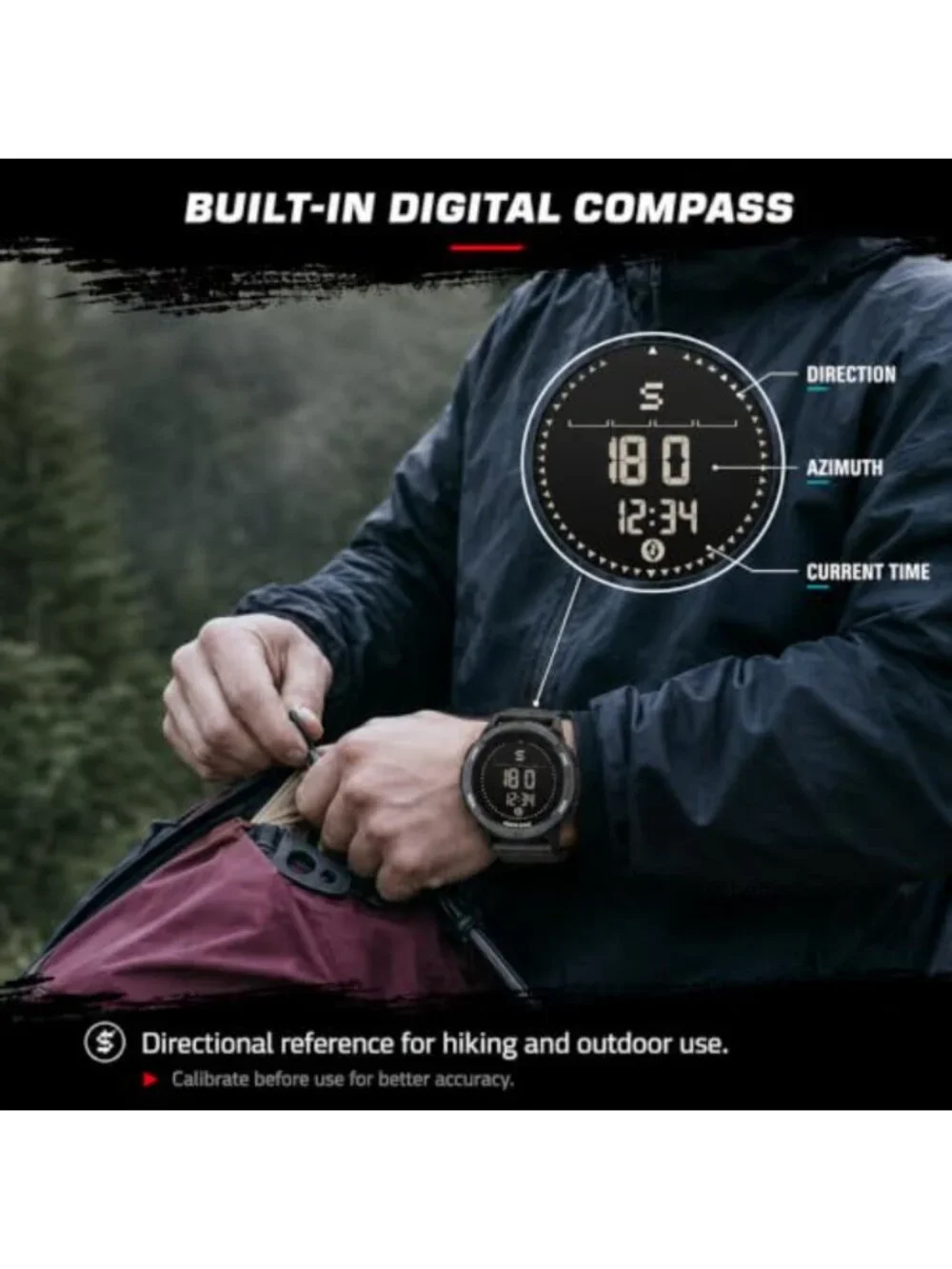 Men's Outdoor Digital Compass Watch with Pedometer, 50M Water Resistant, Carbon